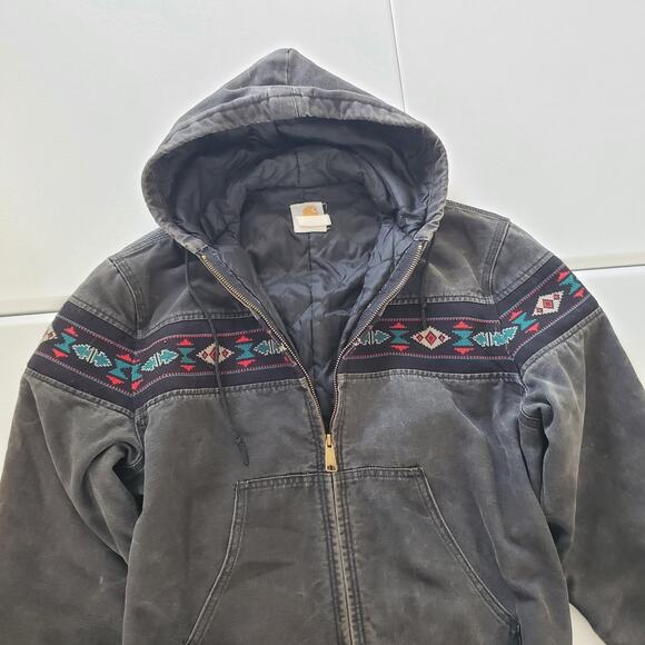Vintage Carhartt Jacket Aztec Mens Medium Black Hooded Quilted Southwestern - Picture 1 of 11